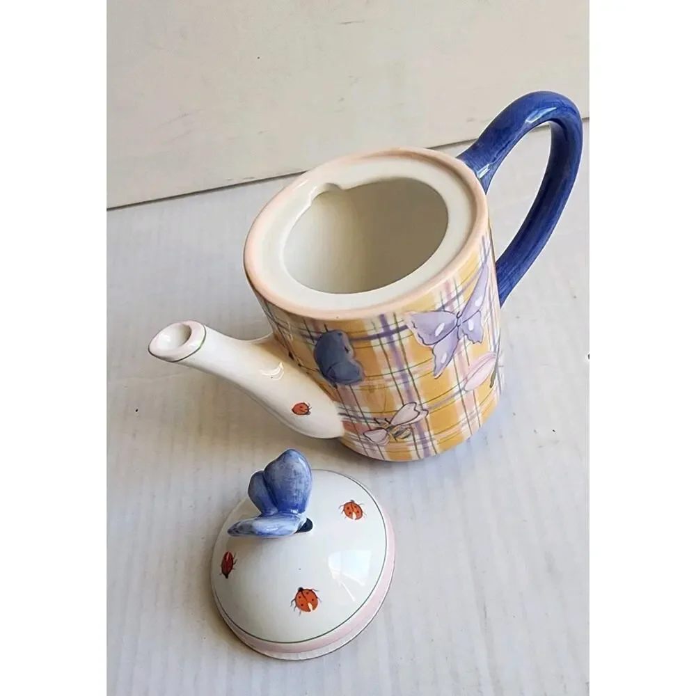 Teapot For One Butterfly Lady Bug Dragonfly Hand Painted Farmhouse Cottagecore